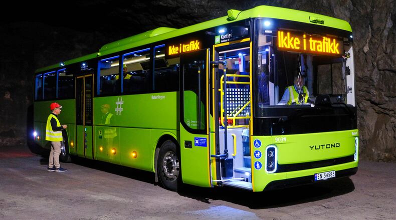 This photo provided by Ruter AS show a Yutong bus, owned by Norwegian public transport operator, Ruter, during a test of the vehicle's communication system on Aug. 14, 2025, in Sandvika, Norway. (Eilif Swensen/Ruter AS via AP)