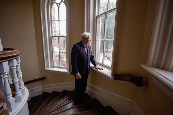 Mercer University President Bill Underwood near the office of the president in Macon. (Natrice Miller/AJC)