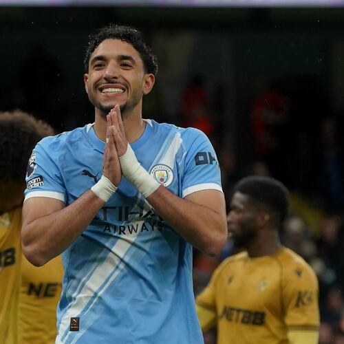 Manchester City's Omar Marmoush reacts during the English Premier League soccer match between Manchester City and Crystal Palace in Manchester, England, Wednesday, May 13, 2026. (AP Photo/Ian Hodgson)
