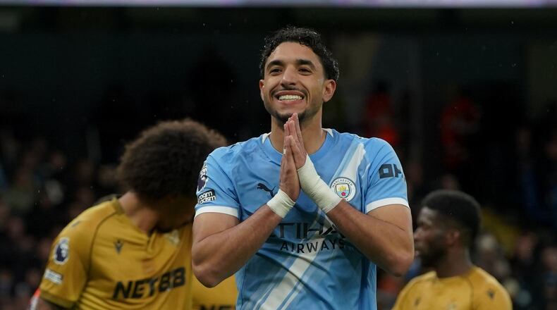 Manchester City's Omar Marmoush reacts during the English Premier League soccer match between Manchester City and Crystal Palace in Manchester, England, Wednesday, May 13, 2026. (AP Photo/Ian Hodgson)