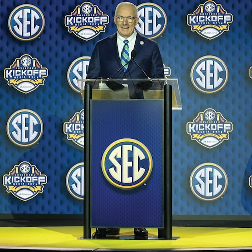 SEC Commissioner Greg Sankey discusses upcoming NCAA College Football season during the Southeastern Conference (SEC) Media Days in Tampa, Fla., Monday, July, 20, 2026. (Hunter Dawkins/The Gazebo Gazette via AP)