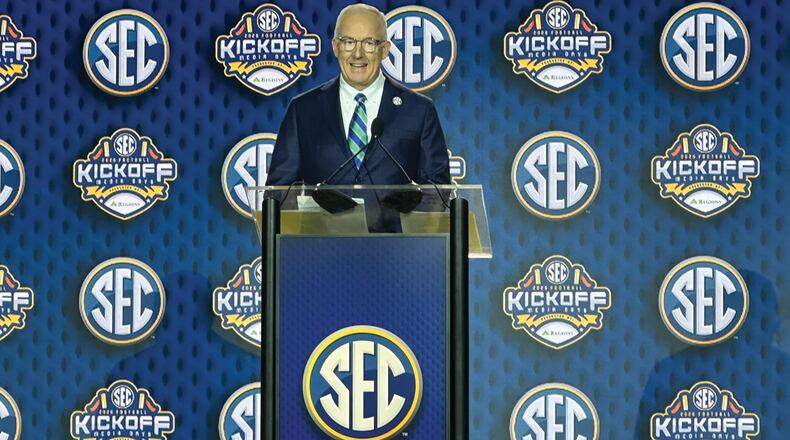 SEC Commissioner Greg Sankey discusses upcoming NCAA College Football season during the Southeastern Conference (SEC) Media Days in Tampa, Fla., Monday, July, 20, 2026. (Hunter Dawkins/The Gazebo Gazette via AP)