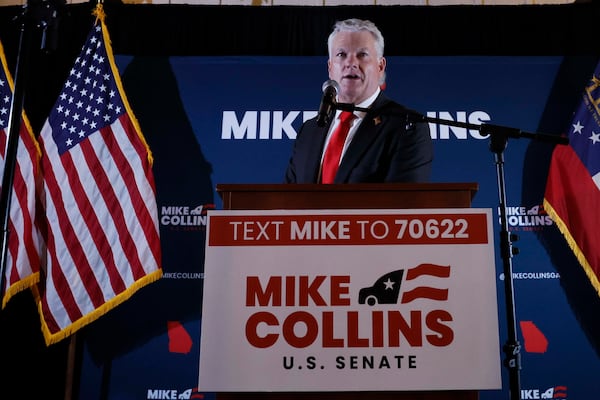 U.S. Rep. Mike Collins speaks to supporters at his watch party after winning the Republican U.S. Senate nomination last month. (Miguel Martinez/AJC)