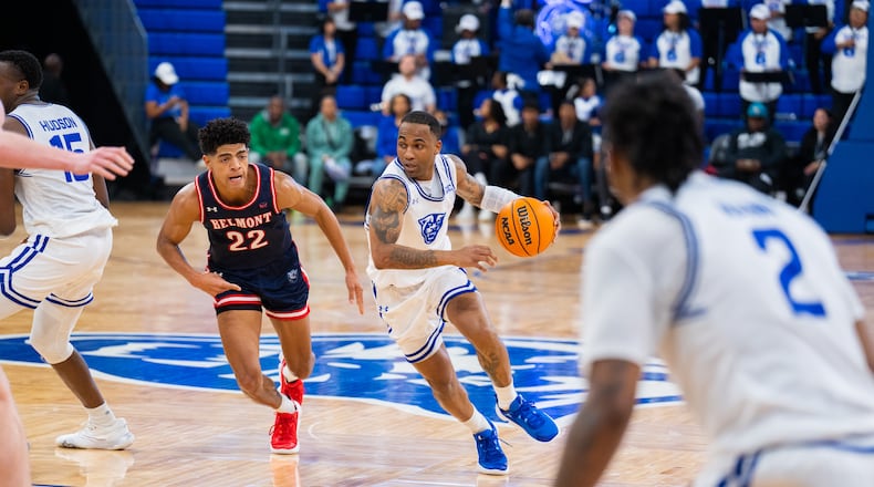 Dwon Odom drives to the basket for two of his 24 points against Belmont on Sunday. (Taysia Dukes / Georgia State Athletics photo)