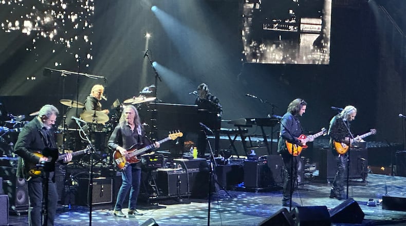 The Eagles performing at State Farm Arena on Nov. 4, 2023. Vince Gill, Timothy B. Schmidt, Don Henley, Deacon Frey and Joe Walsh preside. RODNEY HO/rho@ajc.com