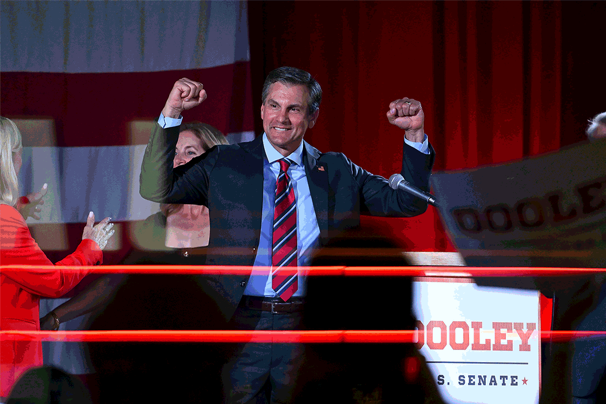 Mike Collins and Derek Dooley advance to a runoff for the Republican candidacy for Georgia's U.S. Senate. (Arvin Temkar/AJC and Daniel Varnado for the AJC)