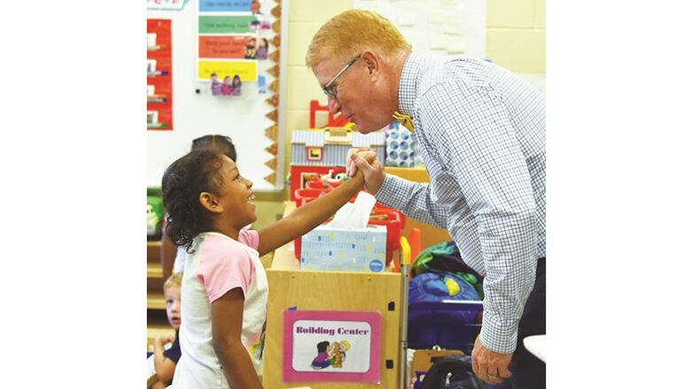 A Pre-K student is welcomed to R.M. Moore ES STEM Academy in Waleska. Open enrollment starts Feb. 3 for the Georgia Lottery Pre-K program in Cherokee County. CHEROKEE COUNTY SCHOOL DISTRICT