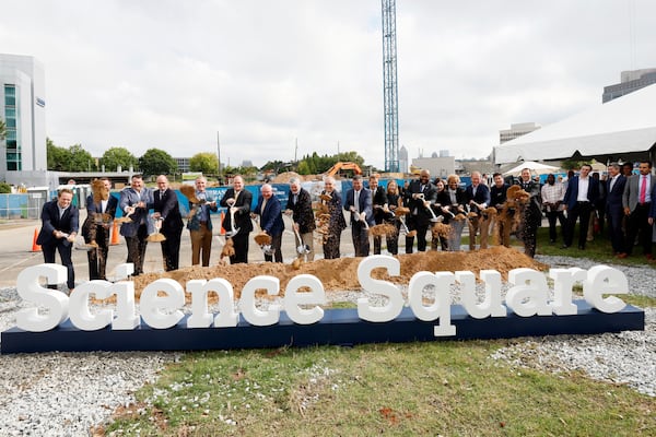 Georgia Tech President Ángel Cabrera (center), alongside elected officials and special guests, participated in the groundbreaking of Georgia Tech’s Science Square. Science Square is a development by Trammell Crow Company, High Street Residential, and Georgia Tech. Miguel Martinez / miguel.martinezjimenez@ajc.com