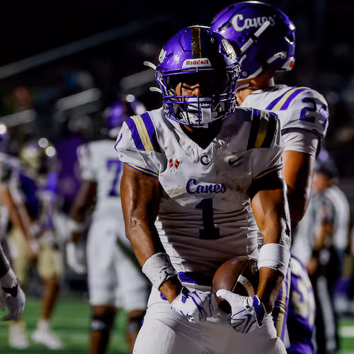 Cartersville wide receiver Madoxx Davis celebrates his touchdown against Hiram on Friday, Aug. 21, 2026. Davis was the catalyst for the Hurricanes’ explosive first half. (Erik S. Lesser for the AJC)