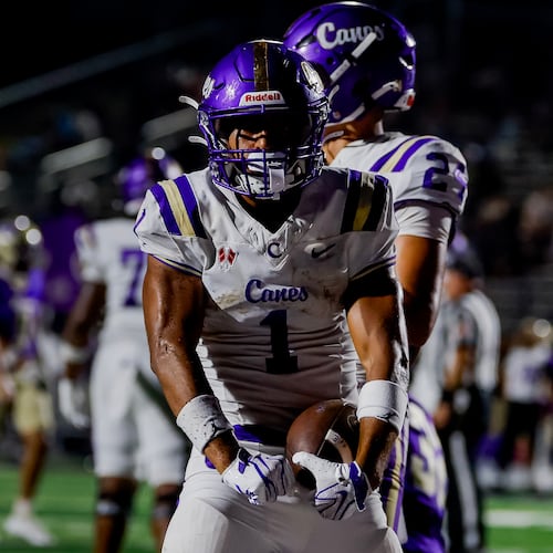 Cartersville's Madoxx Davis celebrates his first half touchdown against Hiram during a high school football game between Hiram and Cartersville, Friday, Aug. 21, 2026, in Hiram, GA. (Erik S. Lesser for the AJC)