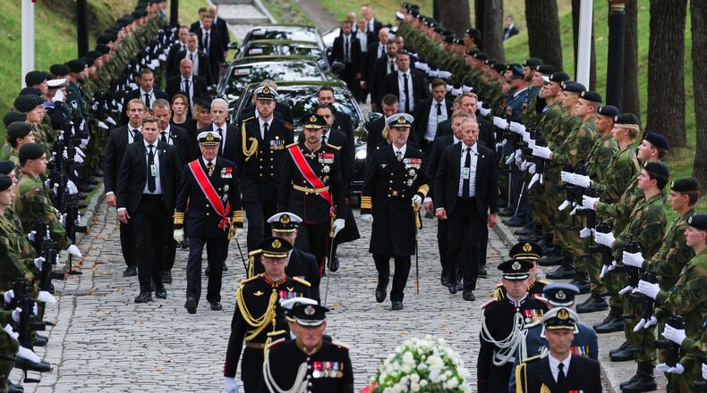 Norway's King Haakon VIII, King Carl Gustaf and King Frederik walk behind the bier carrying King Harald V from Oslo Cathedral to Akershus Fortress, Wednesday, Sept. 9, 2026. (Trond R. Teigen/NTB Scanpix via AP)