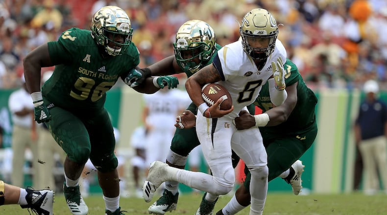 TAMPA, FL - SEPTEMBER 08: Tobias Oliver #8 of the Georgia Tech Yellow Jackets rushes during a game against the South Florida Bulls at Raymond James Stadium on September 8, 2018 in Tampa, Florida. (Photo by Mike Ehrmann/Getty Images)