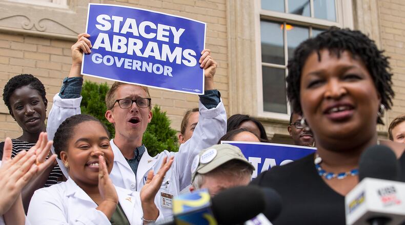 Stacey Abrams outside of Grady Memorial Hospital in Atlanta, Monday, September 10, 2018. (ALYSSA POINTER/ALYSSA.POINTER@AJC.COM)