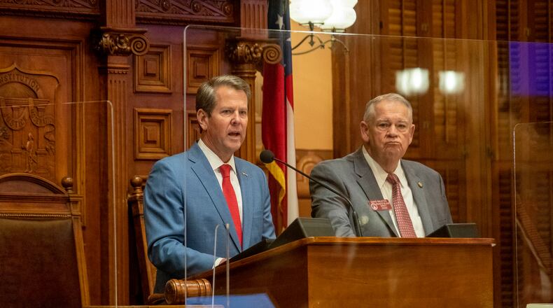 06/26/2020 - Atlanta, Georgia - Georgia Speaker of the House David Ralston (R-Blue Ridge) watches as Gov. Brian Kemp speaks to members of the House Chambers on Sine Die, day 40, of the legislative session in Atlanta, Friday, June 26, 2020. (ALYSSA POINTER / ALYSSA.POINTER@AJC.COM)