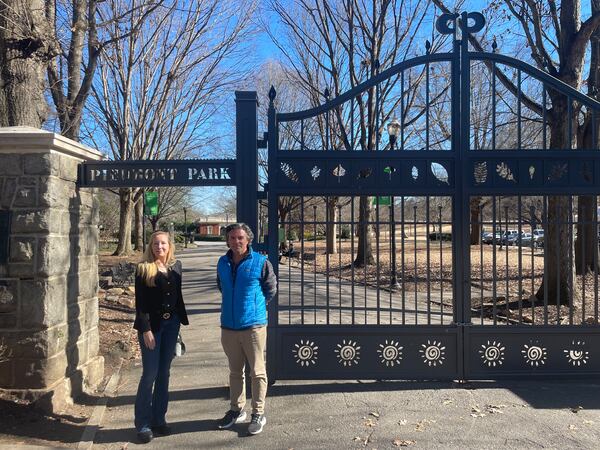 Katherine Drolett (left) and David Duley, who wanted to build two restaurants at Piedmont Park, are suing the park's conservancy concerning a 2018 sinkhole that stopped work on the building. (Bill Torpy/AJC)