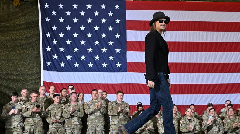 FILE - Kid Rock comes on stage to speak and introduce Vice President JD Vance during a visit to Fort Campbell, Ky., Nov. 26, 2025. (AP Photo/John Amis, File)