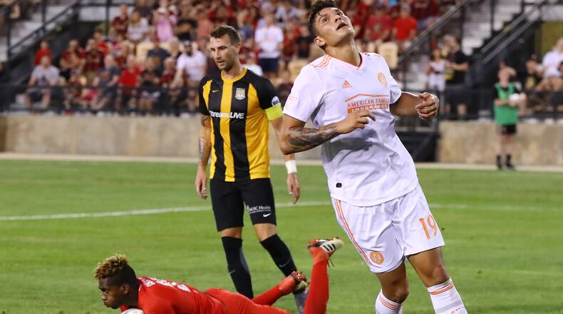 June 6, 2018 Kennesaw: Atlanta United forward Brandon Vazquez reacts to having his shot blocked by Charleston Battery goalkeeper Odisnel Cooper during the second half in a U.S. Open Cup match on Wednesday, June 6, 2018, in Kennesaw. Curtis Compton/ccompton@ajc.com