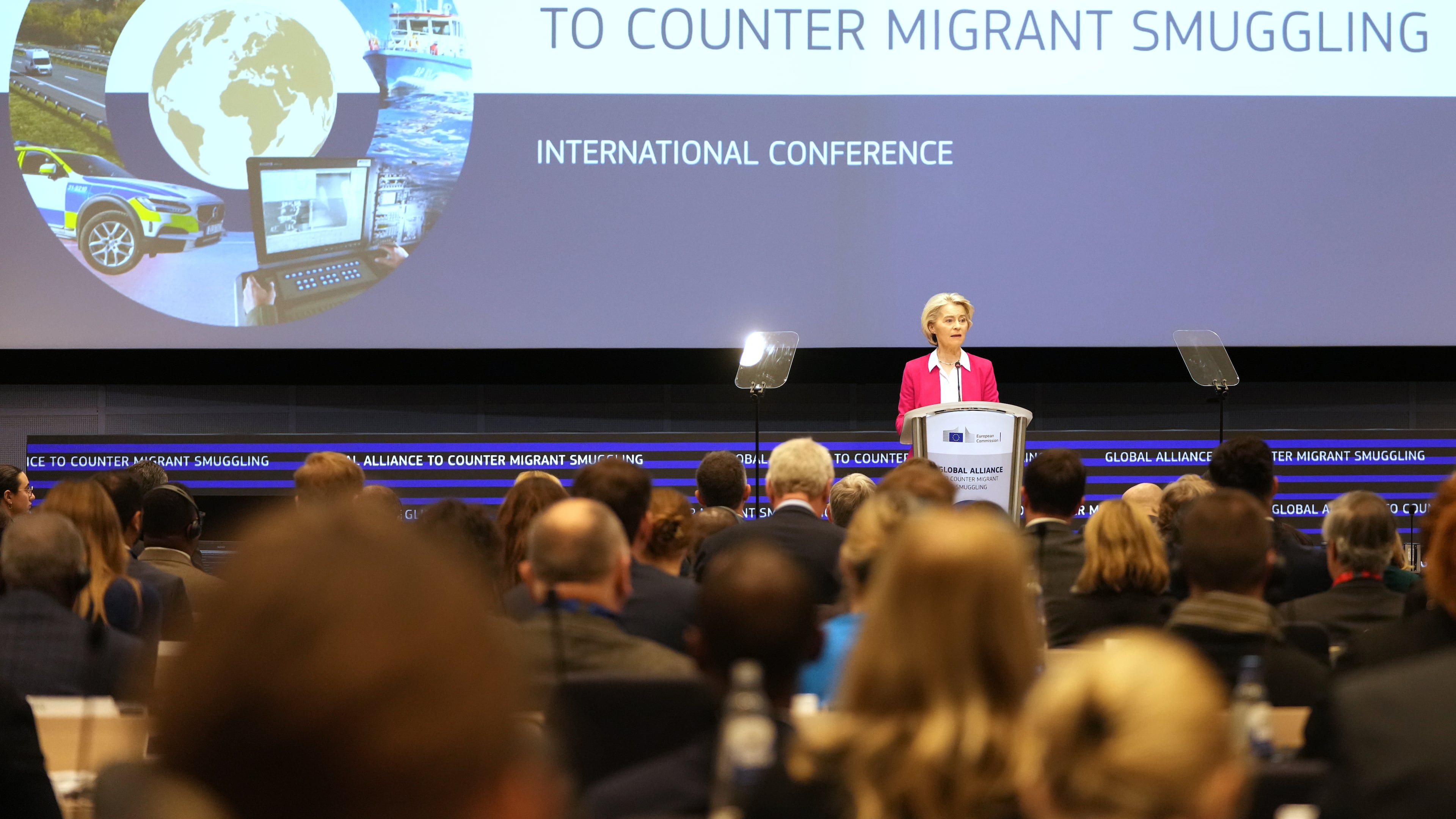 European Commission President Ursula von der Leyen addresses a Conference of the Global Alliance to Counter Migrant Smuggling at the EU Charlemagne building in Brussels, Wednesday, Dec 10, 2025. (AP Photo/Virginia Mayo)