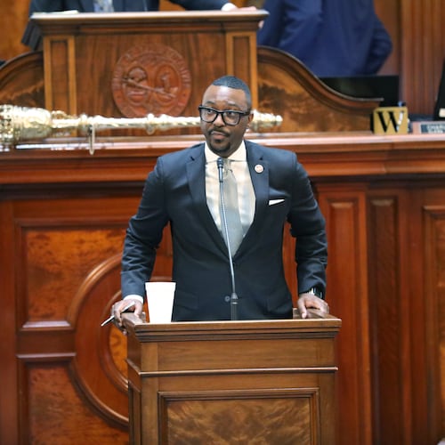 Democratic South Carolina House Rep. Hamilton Grant speaks out against drawing new congressional maps on Monday, May 18, 2026, in Columbia, S.C. (AP Photo/Jeffrey Collins)