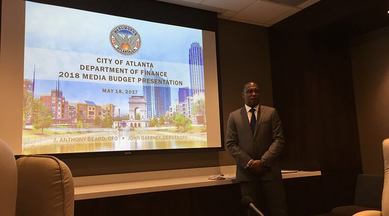 Jim Beard, former Atlanta chief financial officer shown at a budget briefing in 2017. On Thursday, the city’s ethics board ordered Beard to pay an $18,700 fine and more than $84,000 in restitution for improper purchases made with his city-issued credit card. LEON STAFFORD/LSTAFFORD@AJC.COM