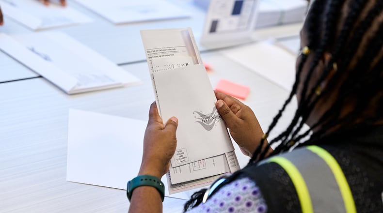Wake County Board of Elections employees prepare absentee ballots to be mailed on Thursday, Sept. 3, 2026, in Raleigh, N.C. (AP Photo/Matt Ramey)