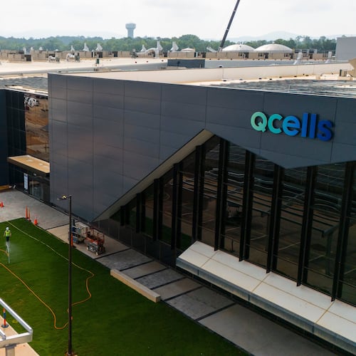 FILE - The Qcells solar panel plant is seen, June 27, 2025, near Cartersville, Ga. (AP Photo/Mike Stewart, File)