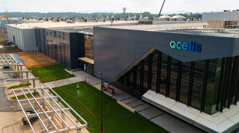 FILE - The Qcells solar panel plant is seen, June 27, 2025, near Cartersville, Ga. (AP Photo/Mike Stewart, File)