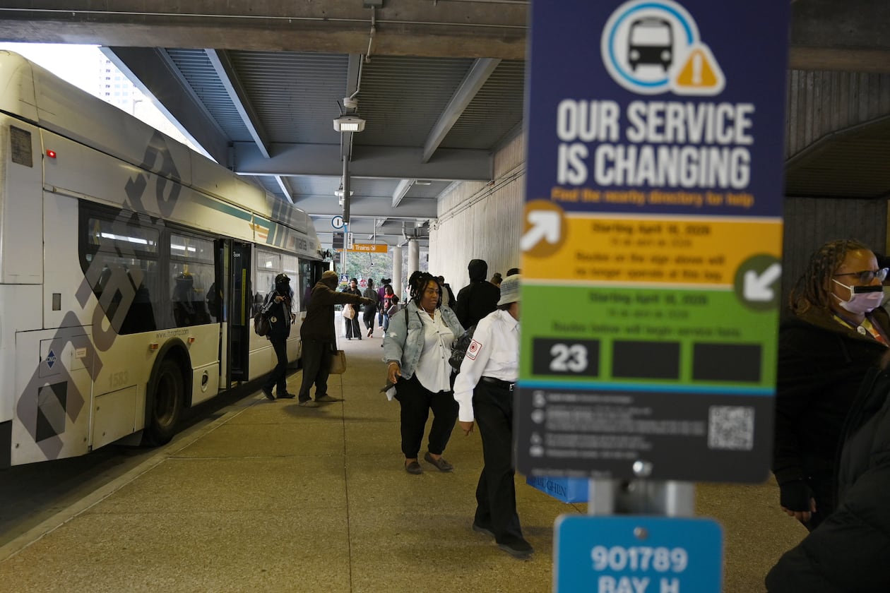 A notice about new MARTA bus routing is seen at MARTA Arts Center Station, Tuesday, March 24, 2026, in Atlanta. (Hyosub Shin/AJC)