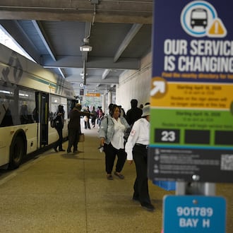 A notice about new MARTA bus routing is seen at MARTA Arts Center Station, Tuesday, March 24, 2026, in Atlanta. (Hyosub Shin/AJC)