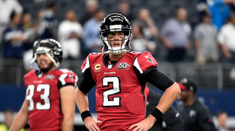 Atlanta Falcons quarterback Matt Ryan (2) stands on the field during warm ups before an NFL football game against the Dallas Cowboys Sunday, Sept. 27, 2015, in Arlington, Texas. (AP Photo/Michael Ainsworth)