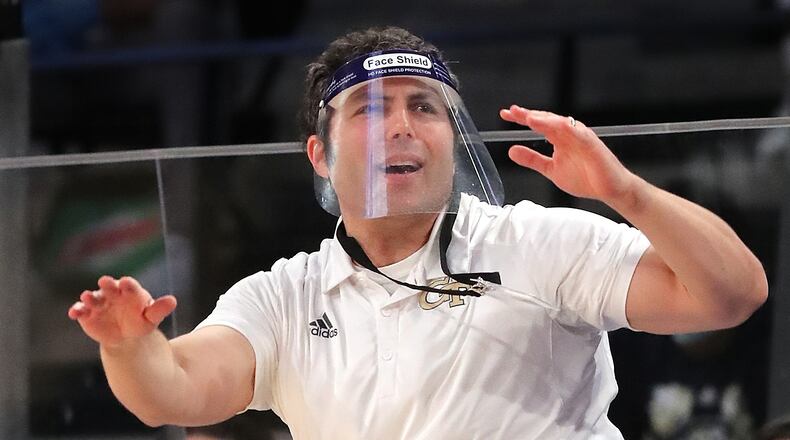 Georgia Tech head coach Josh Pastner during come-from-behind 72-67 victory over North Carolina Wednesday, Dec. 30, 2020, at McCamish Pavilion in Atlanta.  (Curtis Compton / Curtis.Compton@ajc.com)
