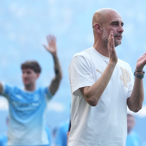 FILE - Manchester City's head coach Pep Guardiola applauds the fans after his last game with the club after a Premier League soccer match between Manchester City and Aston Villa in Manchester, England, May 24, 2026. (AP Photo/Alastair Grant, File)