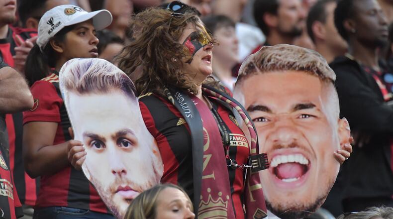 Atlanta United fans cheer on during match against Colorado Rapids Saturday, April 27, 2019, at the Mercedes-Benz Stadium in Atlanta.