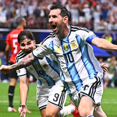Argentina's Lionel Messi (10) celebrates scoring their second goal during the World Cup round of 16 soccer match between Argentina and Egypt in Atlanta, Tuesday, July 7, 2026. (AP Photo)