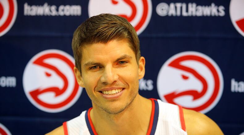 Hawks guard Kyle Korver is all smiles in an interview during Media Day at Philips Arena on Monday, Sept. 29, 2014, in Atlanta.