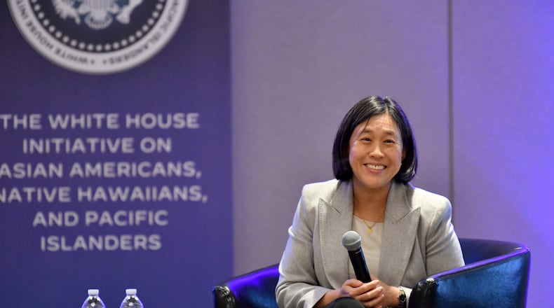 U.S. Trade Representative Ambassador Katherine Tai speaks during Asian American, Native Hawaiian, and Pacific Islander (AA and NHPI) Economic Summit at Gas South Convention Center, Wednesday, January 10, 2024, in Duluth. On Wednesday, January 10, 2024, the White House Initiative on Asian Americans, Native Hawaiians, and Pacific Islanders (WHIAANHPI) hosted an economic summit in the metro Atlanta area in Georgia to connect Asian American, Native Hawaiian, and Pacific Islander (AA and NHPI) community members directly with federal leaders and resources. (Hyosub Shin / Hyosub.Shin@ajc.com)