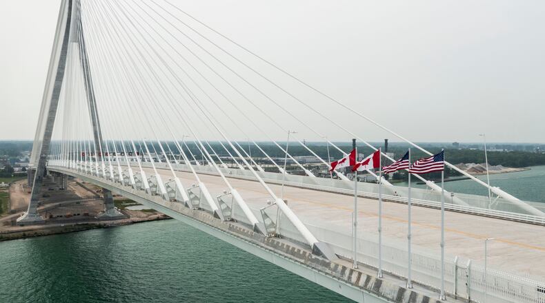 The Gordie Howe International Bridge between Detroit, Mich. and Windsor, Ontario on its opening day, Monday, July 27 2026. (Jacob Hamilton/Ann Arbor News via AP)