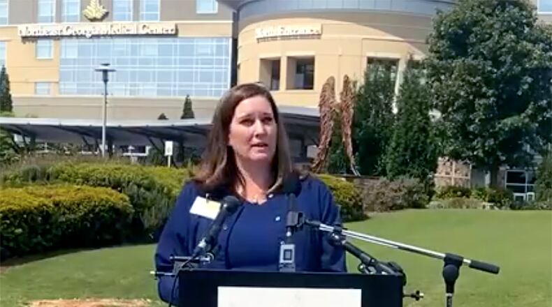 Elizabeth Larkins, RN, executive director of medical nursing at Northeast Georgia Medical Center in Gainesville, said at a Monday news conference that doctors, nurses and other frontline medical staff are still recovering from the emotional and mental toll of the pandemic, and some say they can't face another surge. (NGMC Facebook livestream)