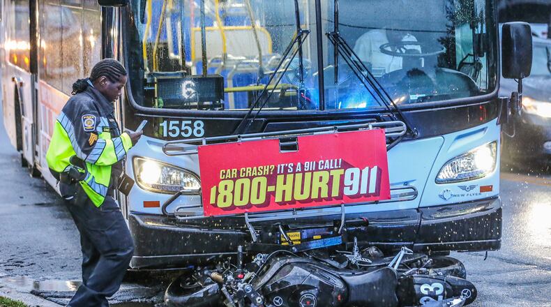 A motorcyclist was injured in a crash with a MARTA bus, according to the transit agency.