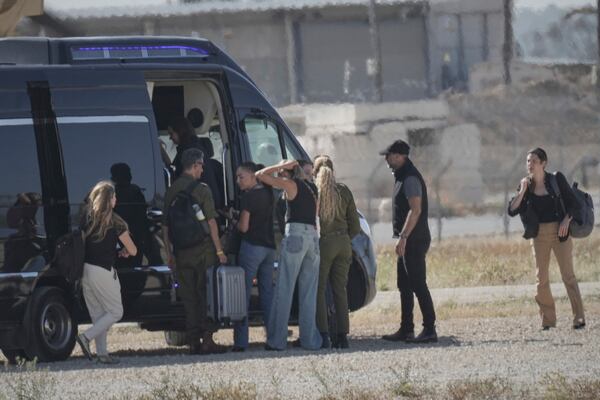 Relatives of Israeli-American soldier Edan Alexander arrive ahead of his scheduled release from Hamas captivity in Gaza, in Reim, near the Gaza border, southern Israel, Monday, May 12, 2025.(AP Photo/Maya Alleruzzo)