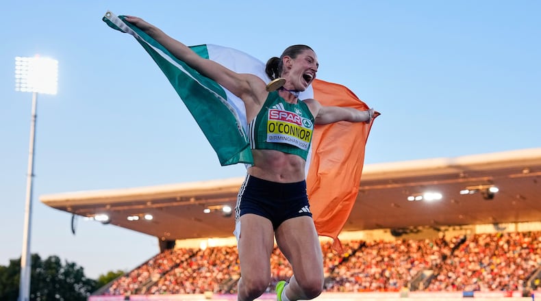 Ireland's Kate O'Connor celebrates after winning the gold medal in the heptathlon at the European Athletics Championships in Birmingham, England, Saturday, Aug. 15, 2026. (AP Photo/Petr David Josek)