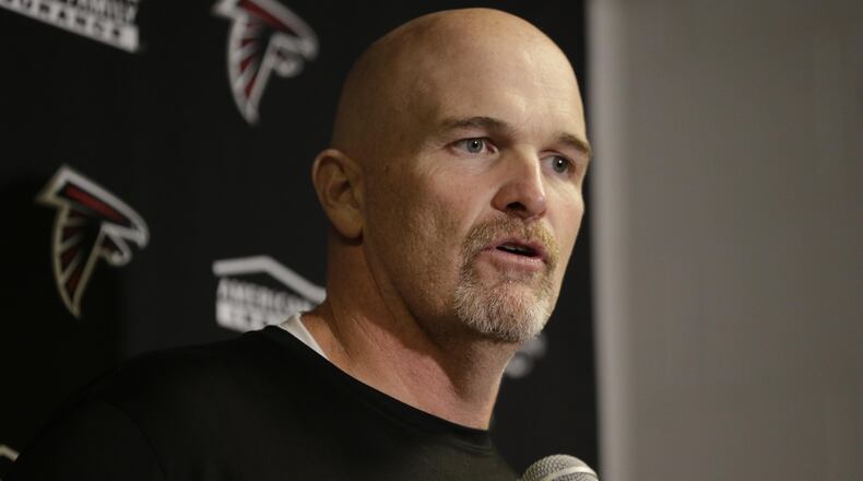 Atlanta Falcons head coach Dan Quinn speaks during a news conference after an NFL football game against the New York Jets, Sunday, Oct. 29, 2017, in East Rutherford, N.J. (AP Photo/Seth Wenig)