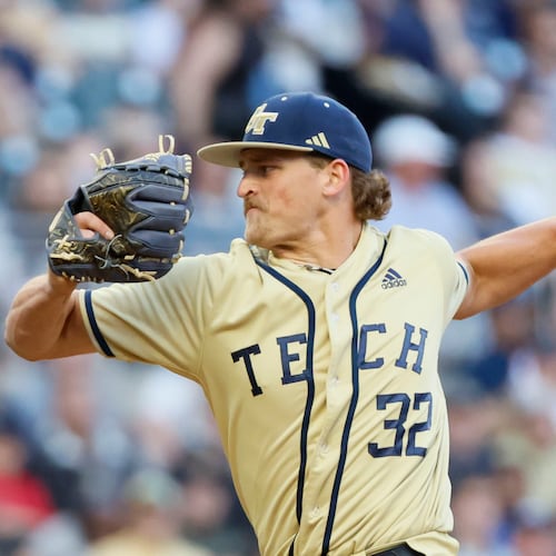 Georgia Tech pitcher Brett Barfield (32) delivers a pitch during the first inning against a Georgia batter on Tuesday, April 15, 2025, at Truist Park in Atlanta. (Miguel Martinez/AJC)