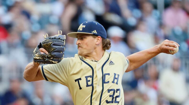 Georgia Tech pitcher Brett Barfield (32) delivers a pitch during the first inning against a Georgia batter on Tuesday, April 15, 2025, at Truist Park in Atlanta. (Miguel Martinez/AJC)