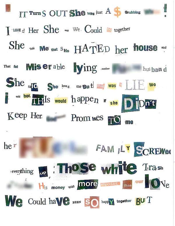The original version of this confession letter was sent to the AJC Gwinnett bureau in 2008 and was given to police. Offensive words in the letter have been blurred. Gwinnett police believe the letter was written by the person who killed Kay Wenal.