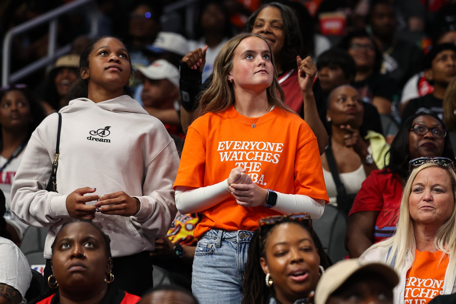 Fans react during the second half of a WNBA game between the Atlanta Dream and Las Vegas Aces at State Farm Arena on Sunday, May 17, 2026, in Atlanta. (Colin Hubbard for the AJC) 