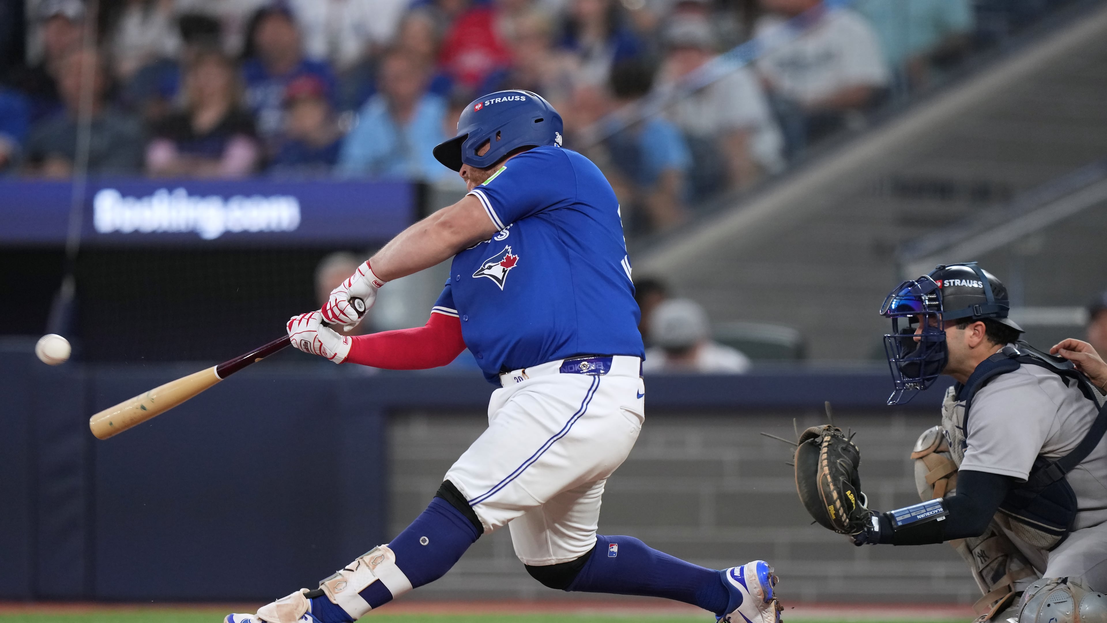 Toronto Blue Jays' Alejandro Kirk (30) hits a home run during the eighth inning against the New York Yankee in Game 1 of baseball's American League Division Series, Saturday, Oct. 4, 2025, in Toronto. (Nathan Denette/The Canadian Press via AP)