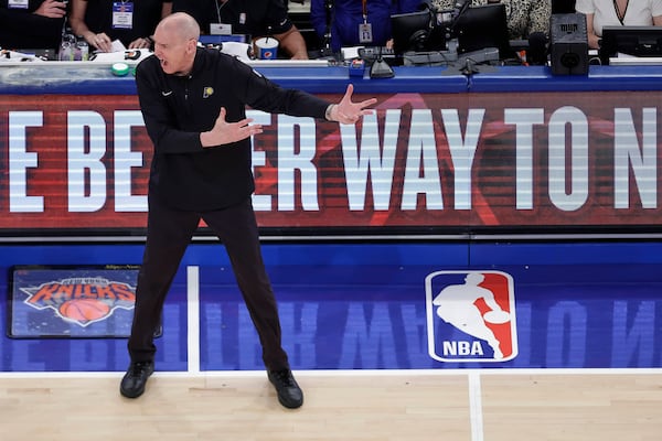 Indiana Pacers head coach Rick Carlisle reacts during the third quarter of Game 5 of the NBA basketball Eastern Conference final against the New York Knicks, Thursday, May 29, 2025, in New York. (AP Photo/Adam Hunger)