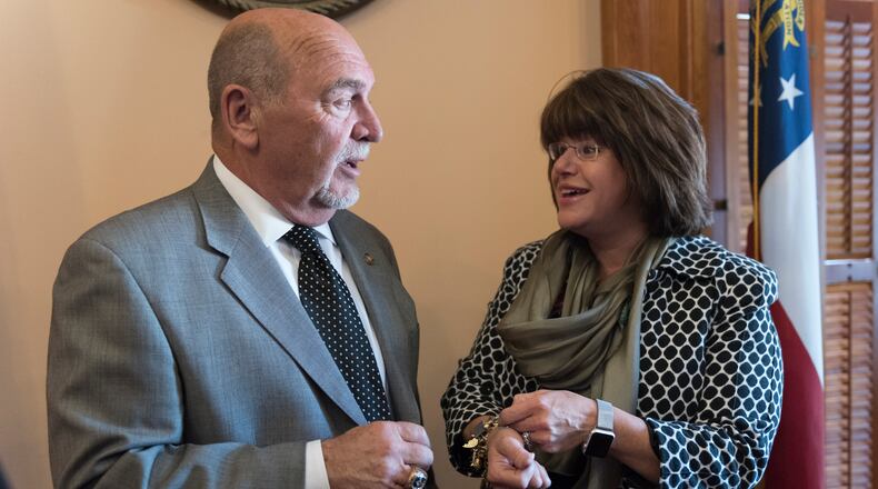 Former Braves pitching coach Leo Mazzone talks with Rep. Amy Carter, R - Valdosta, on March 16, 2017. (DAVID BARNES / SPECIAL)