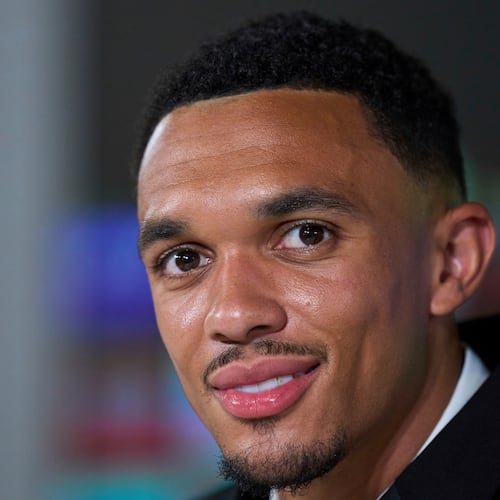 FILE - Real Madrid's new signing soccer player Trent Alexander-Arnold speaks during a press conference during his official presentation at Real Madrid's Valdebebas training ground in Madrid, Spain, Thursday, June 12, 2025. (AP Photo/Manu Fernandez, file)